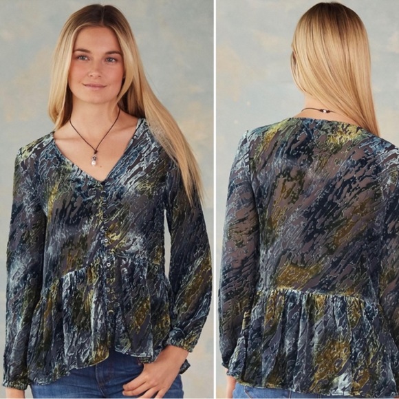 New SUNDANCE Velvet Riches Burnout Peplum Blouse Top Shirt Blue Green Silk Yello - Picture 4 of 12